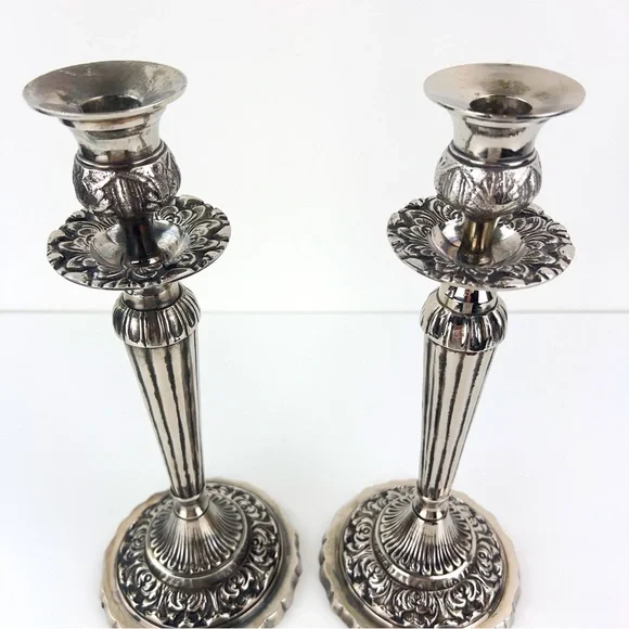 Set Of 2 Silver Plate Candlesticks Candelabra - Picture 5 of 9